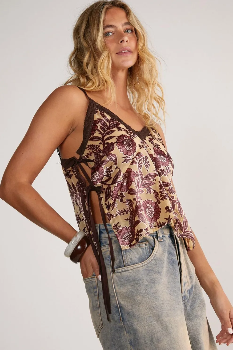 Floral Devore Lace Trim Tie Side Cami Top | Nasty Gal