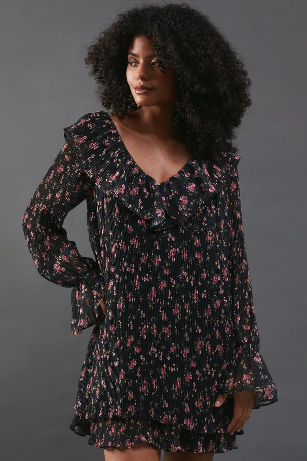 Floral Pleated Chiffon V Neck Mini Swing Dress | Nasty Gal