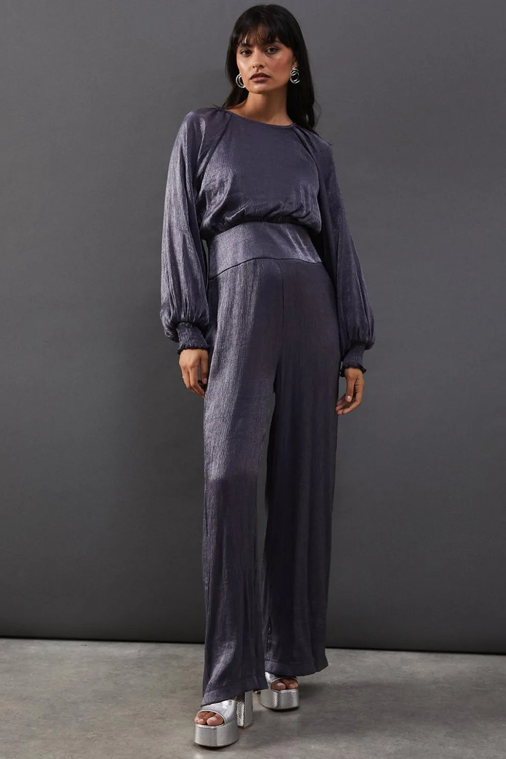 Metallic Plisse Satin Gathered Waist Jumpsuit | Nasty Gal