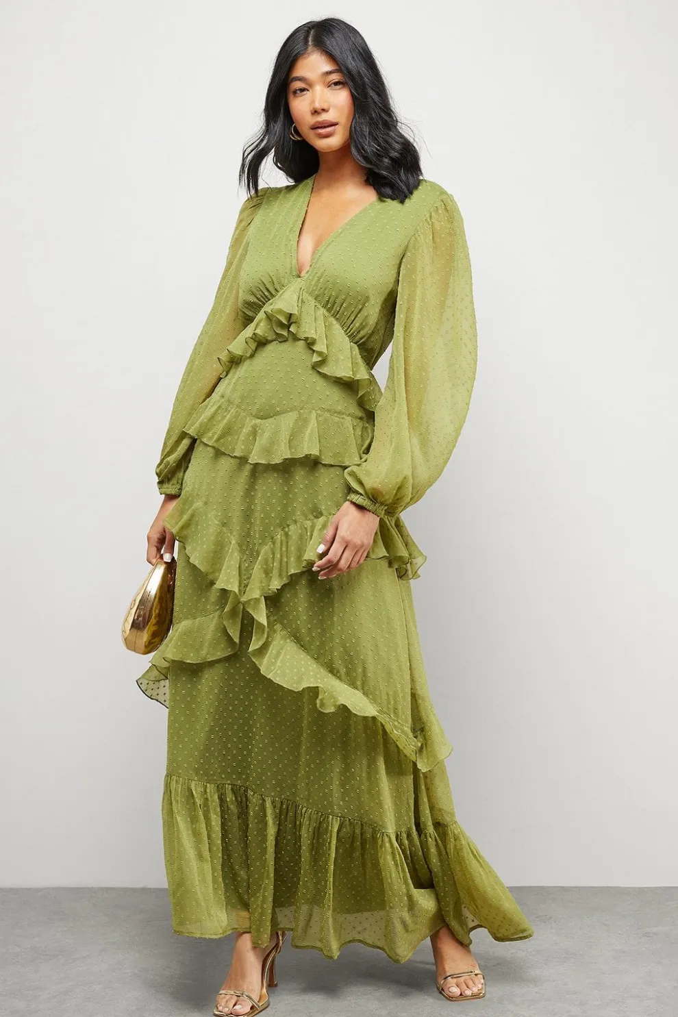 Chiffon Plunge Neck Ruffle Detail Volume Sleeve Maxi Dress | Nasty Gal