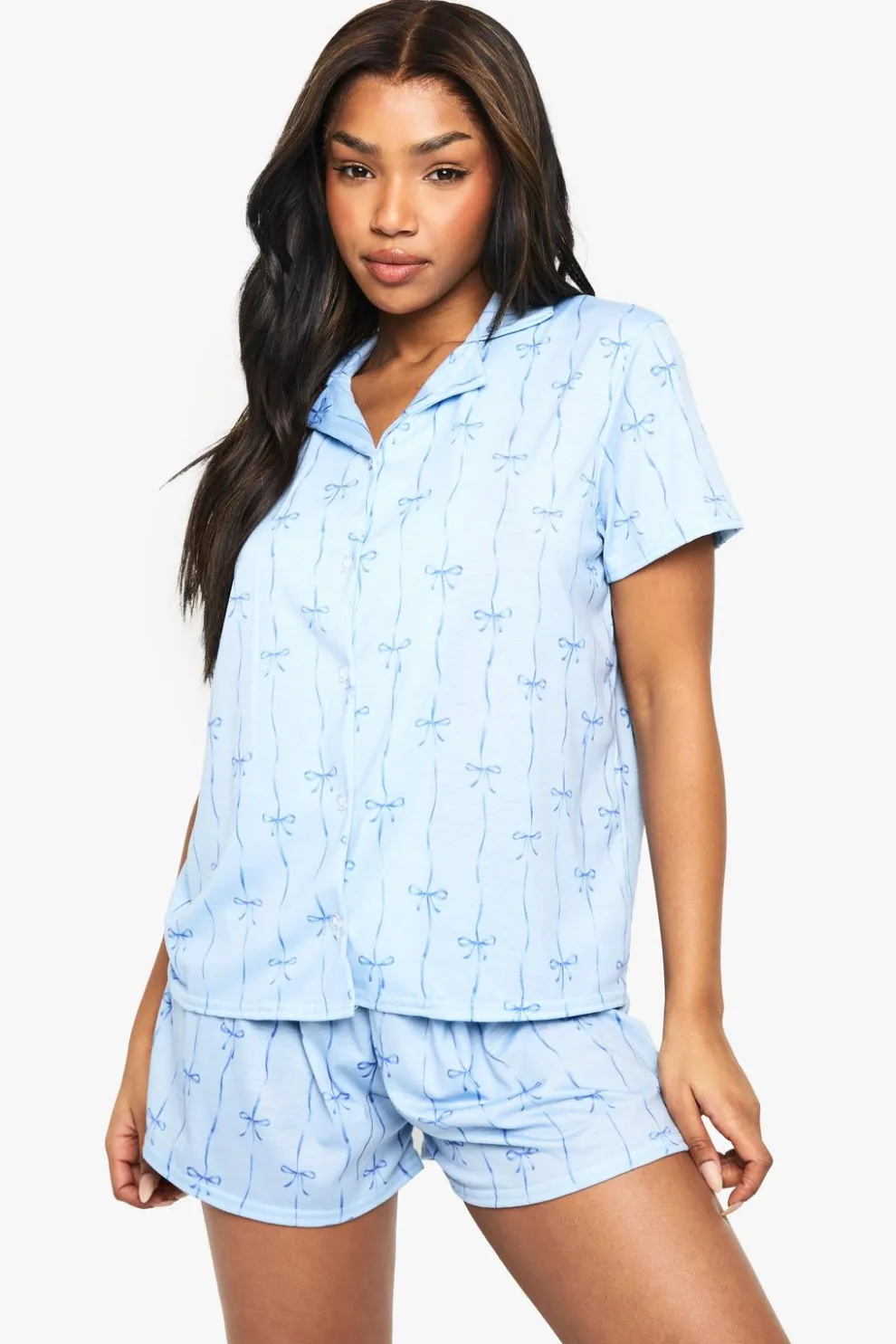 Mixed Bow & Stripe Print Short Sleeve Shirt & Shorts Pyjama Set | Nasty Gal
