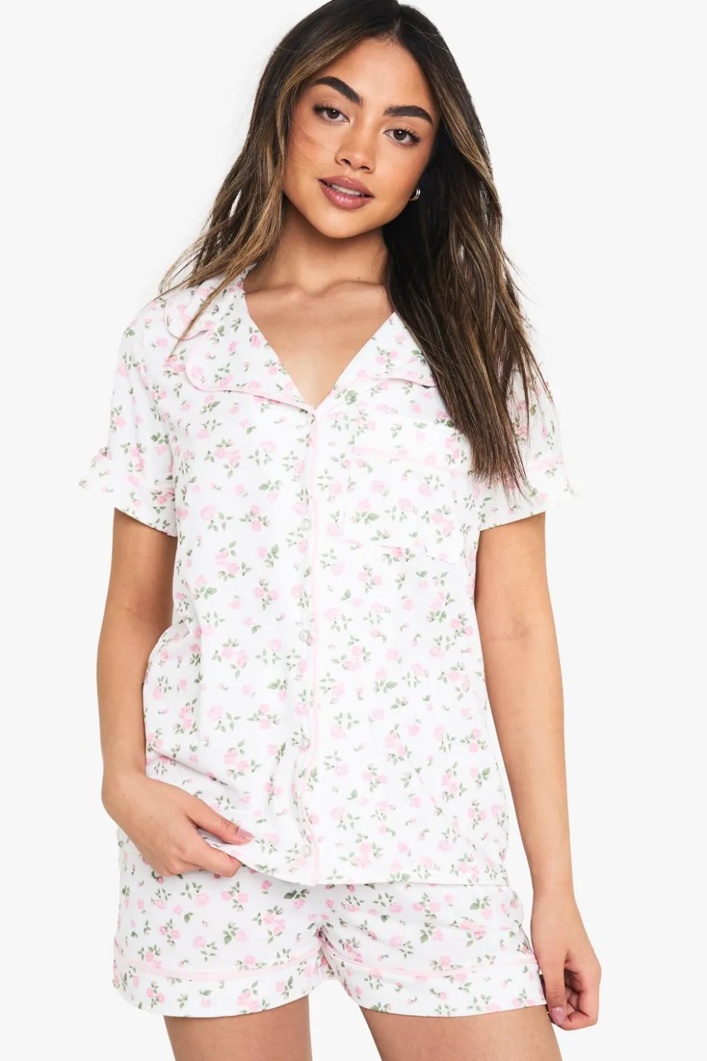 Floral Print Piping Detail Short Sleeved Shirt & Shorts Pyjama Set | Nasty Gal
