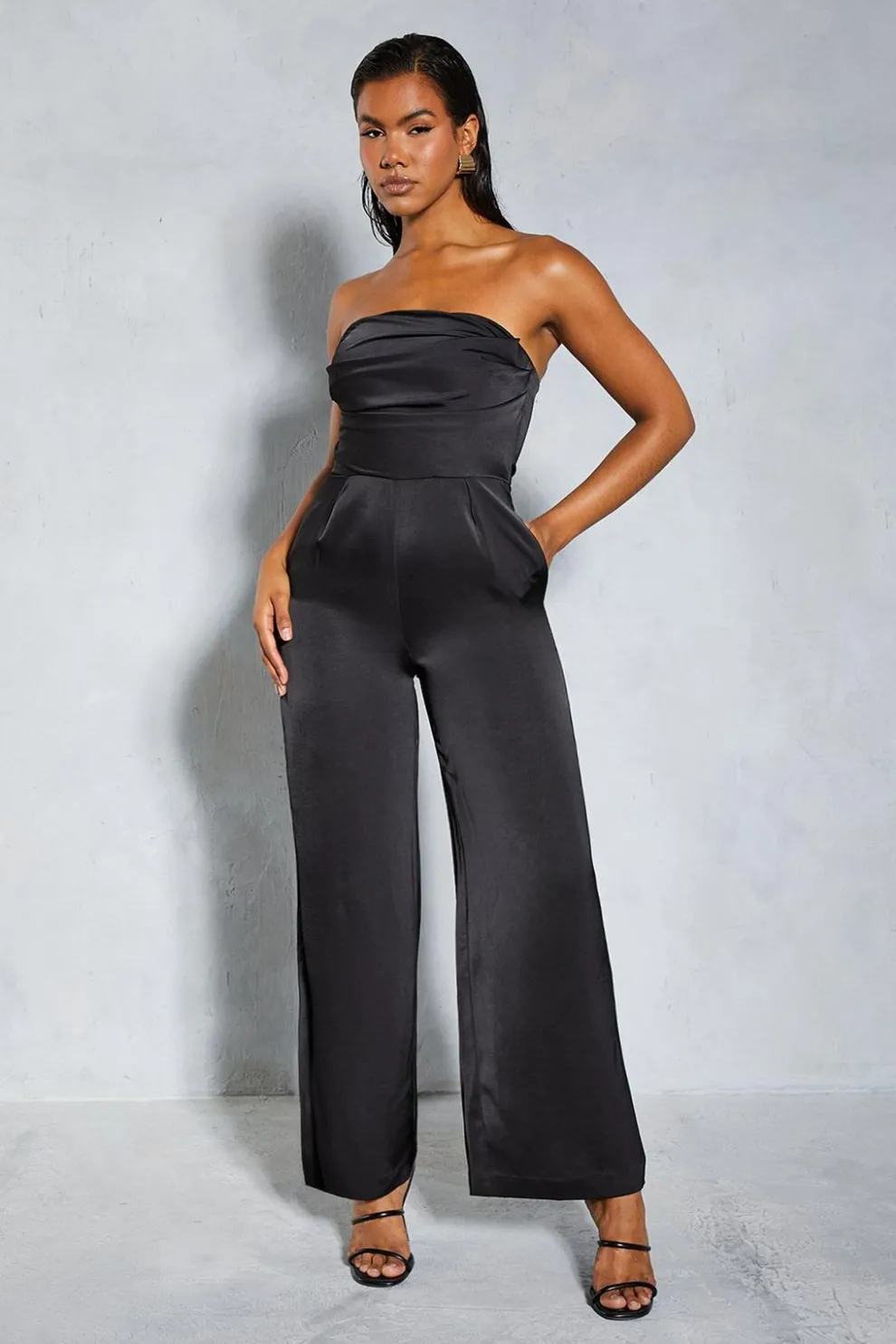 Satin Bandeau Ruched Bust Straight Leg Jumpsuit | Nasty Gal