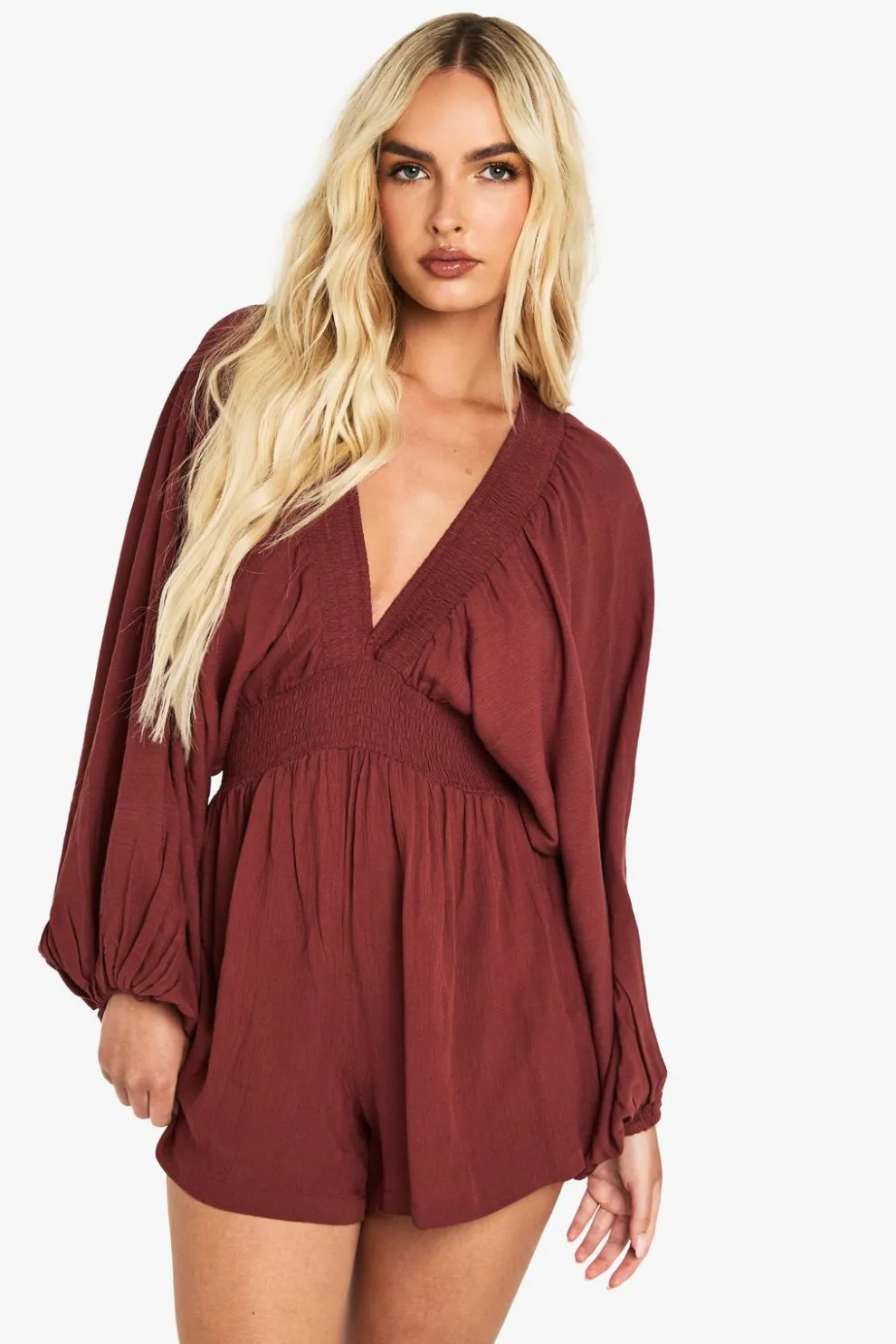 Cheescloth Plunge Long Sleeve Playsuit | Nasty Gal