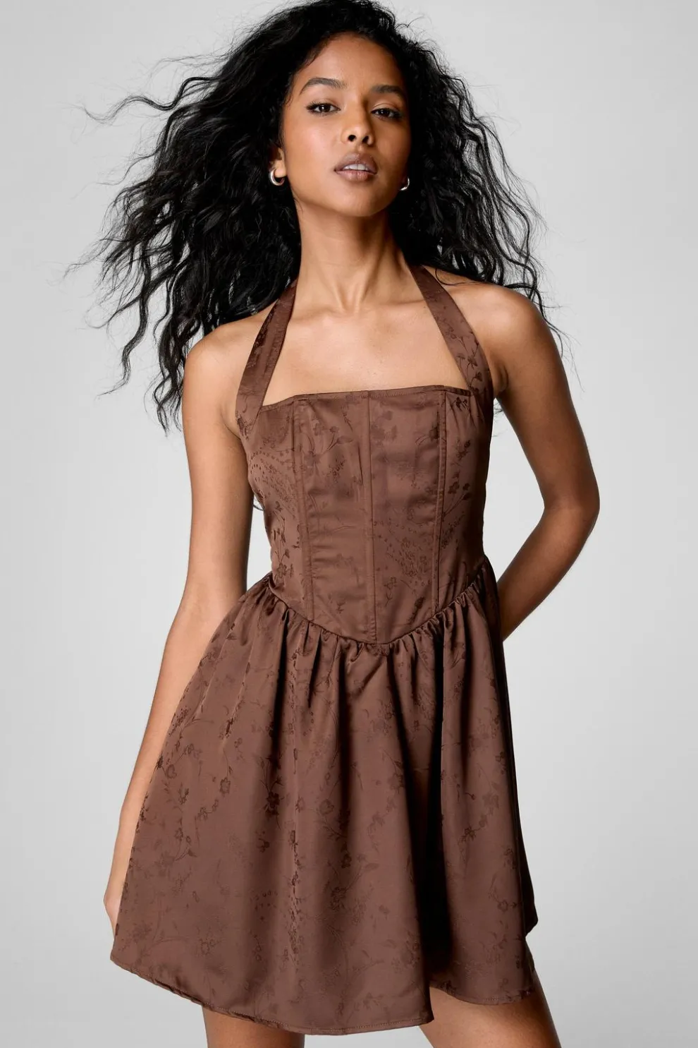 Satin Floral Jacquard Halter Neck Boned Corset Mini Dress | Nasty Gal