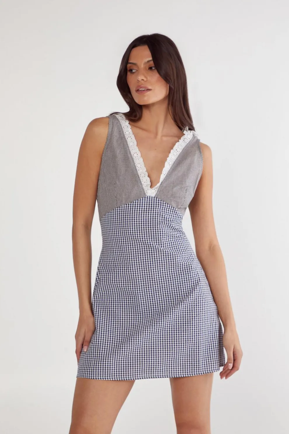 Gingham Mix Broderie Ruffle Plunge Mini Dress | Nasty Gal