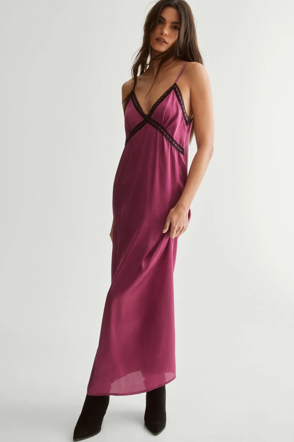 Satin Ribbon Lace Trim Maxi Slip Dress | Nasty Gal