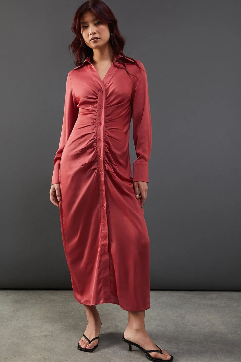 Satin Ruched Front Midi Shirt Dress | Nasty Gal