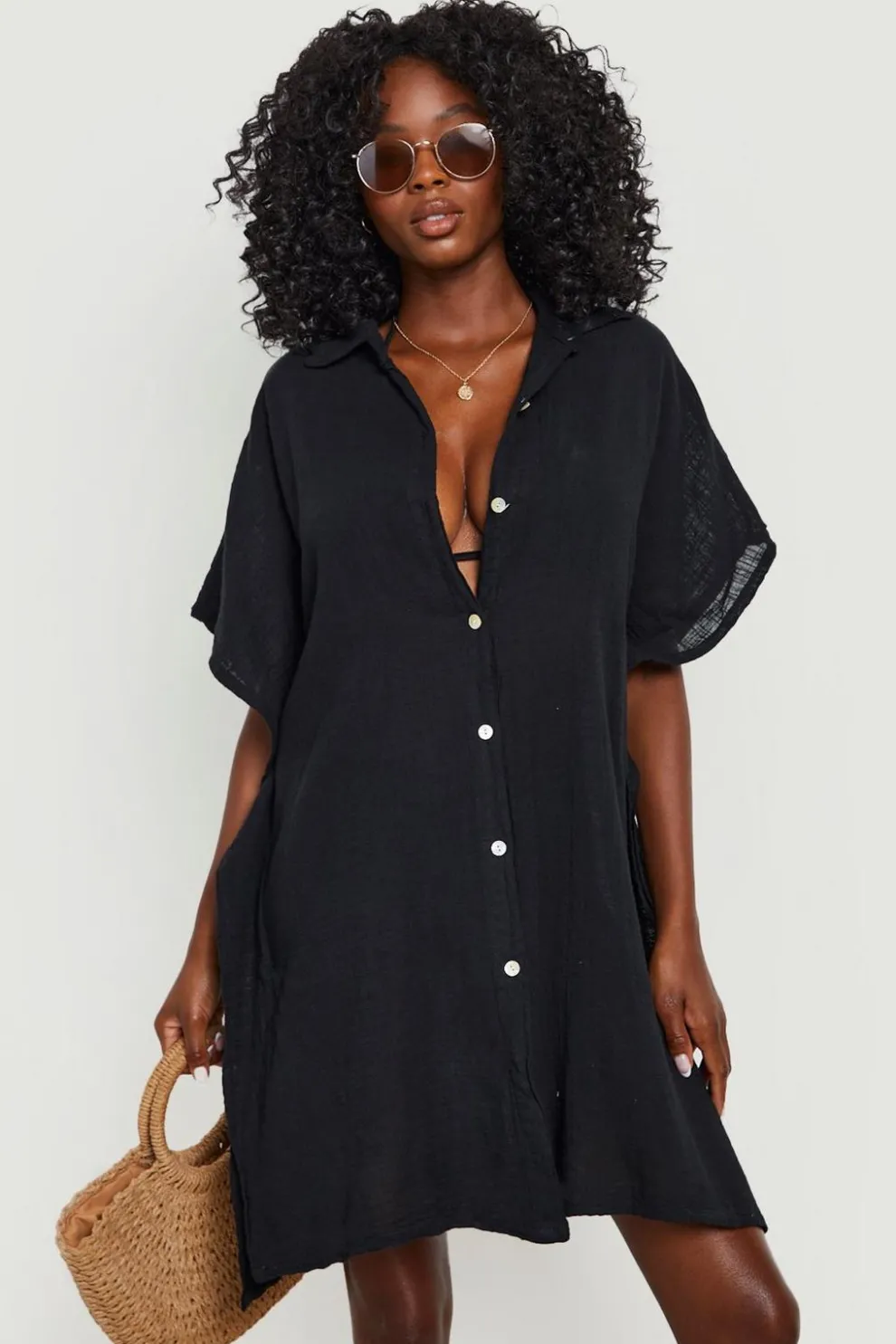 Linen Look Button Front Batwing Beach Kaftan Shirt | Nasty Gal