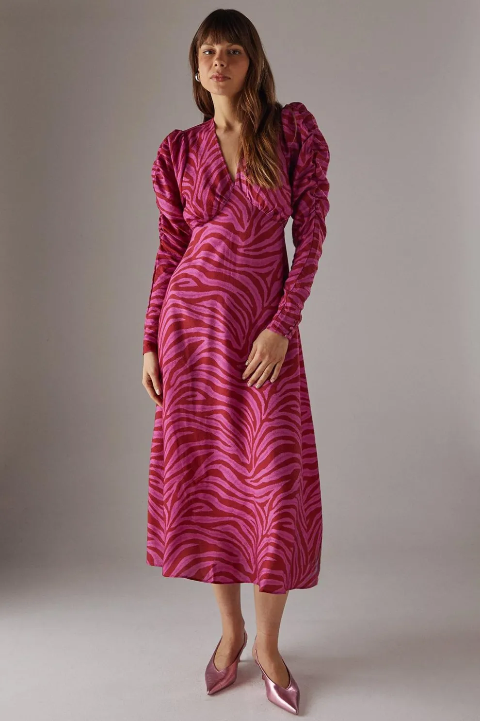 Pink Zebra Print Viscose V Neck Long Puff Sleeve Midi | Nasty Gal