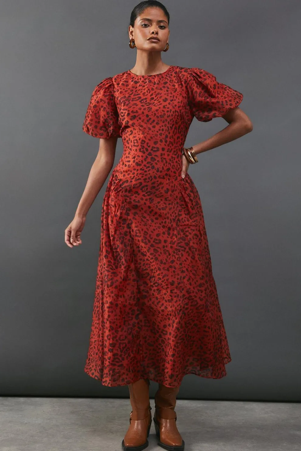 Animal Organza Puff Sleeve Godet Side Midi Dress | Nasty Gal