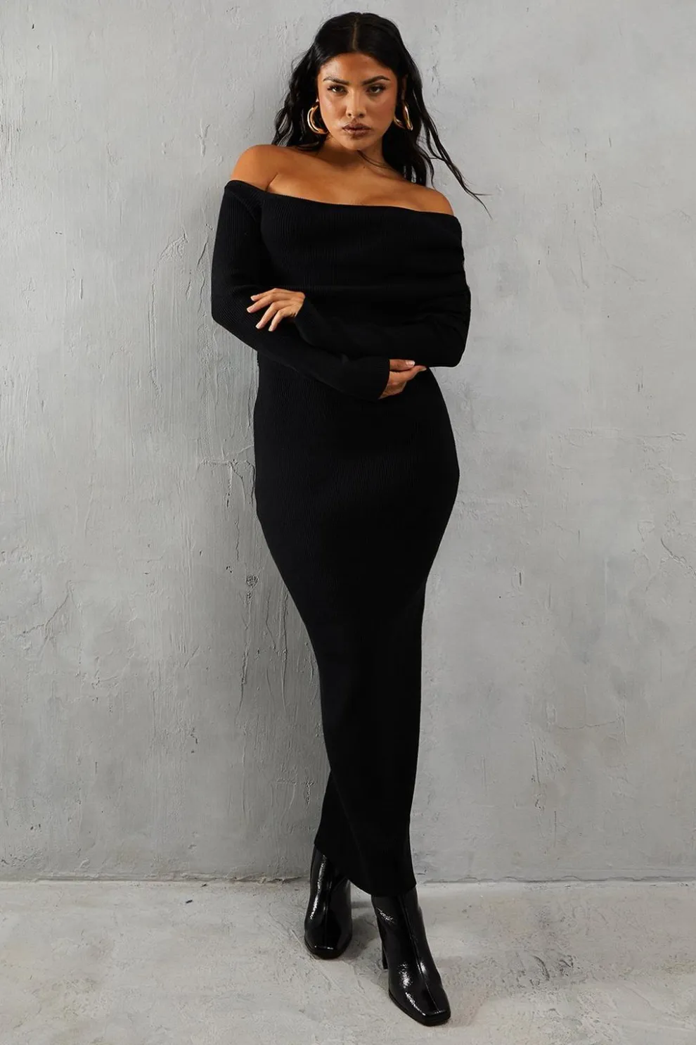 Knitted Rib Pleated Bardot Long Sleeve Maxi Dress | Nasty Gal