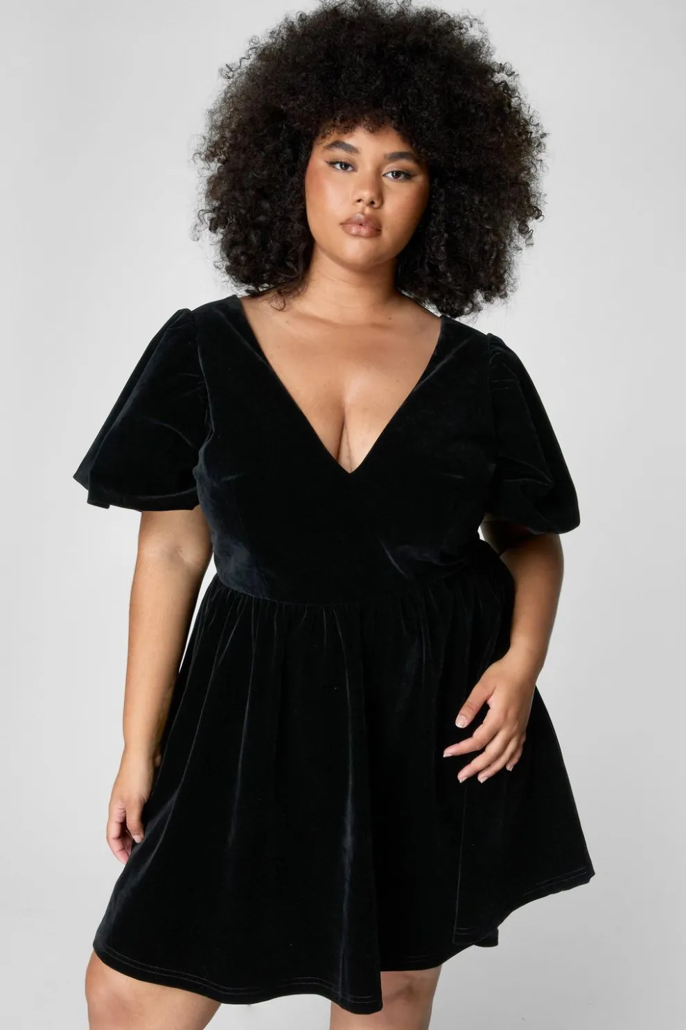 Plus Velvet Puff Sleeve Plunge Skater Mini Dress | Nasty Gal
