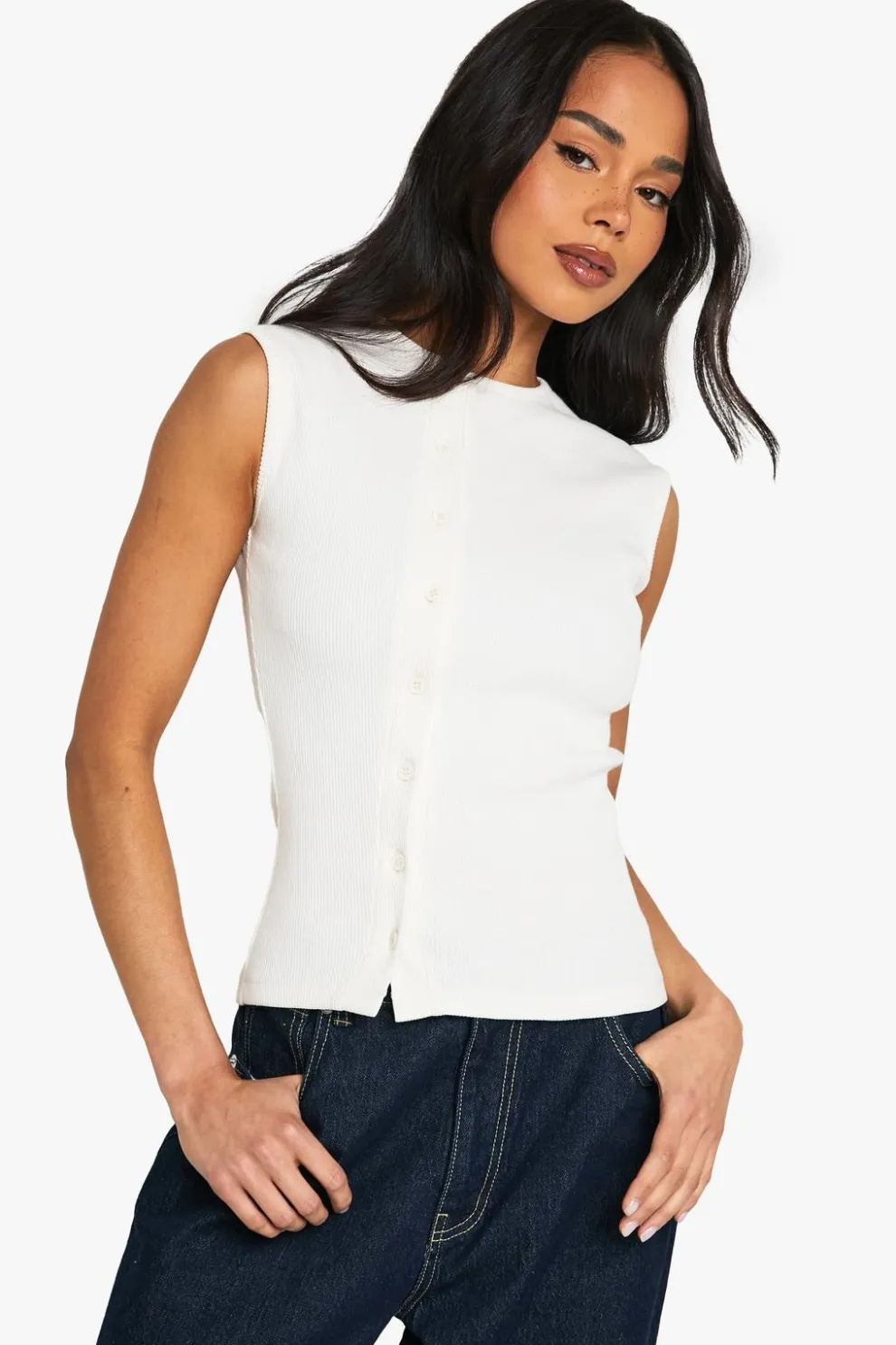 Heavy Rib Button Through Sleevless Top | Nasty Gal