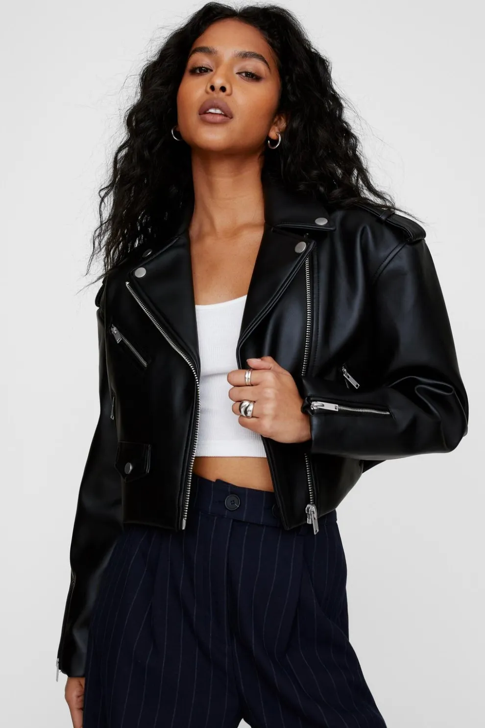 Essentials Cropped Faux Leather Boxy Biker | Nasty Gal