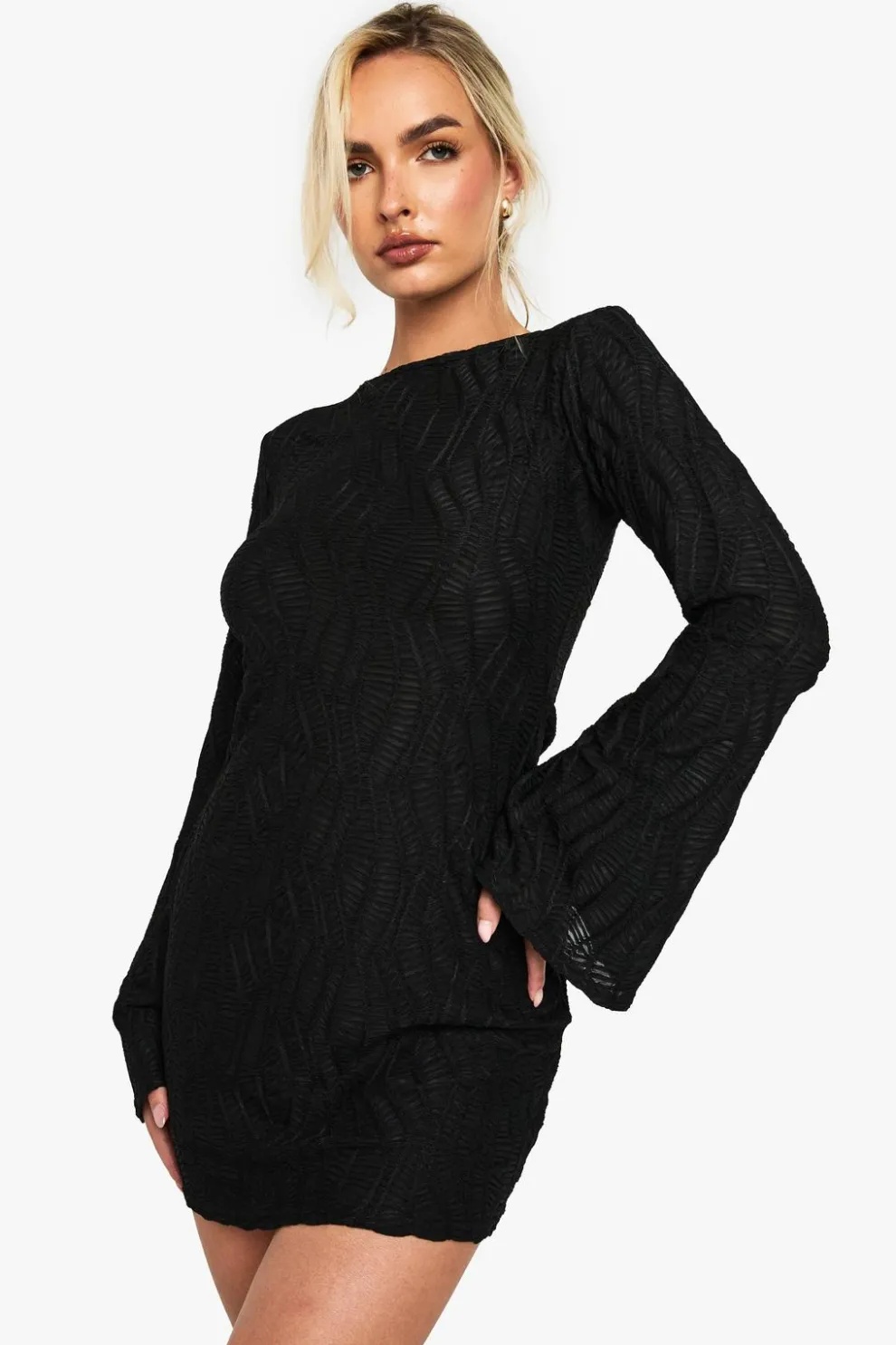 Textured Flare Sleeve Slash Neck Mini Dress | Nasty Gal