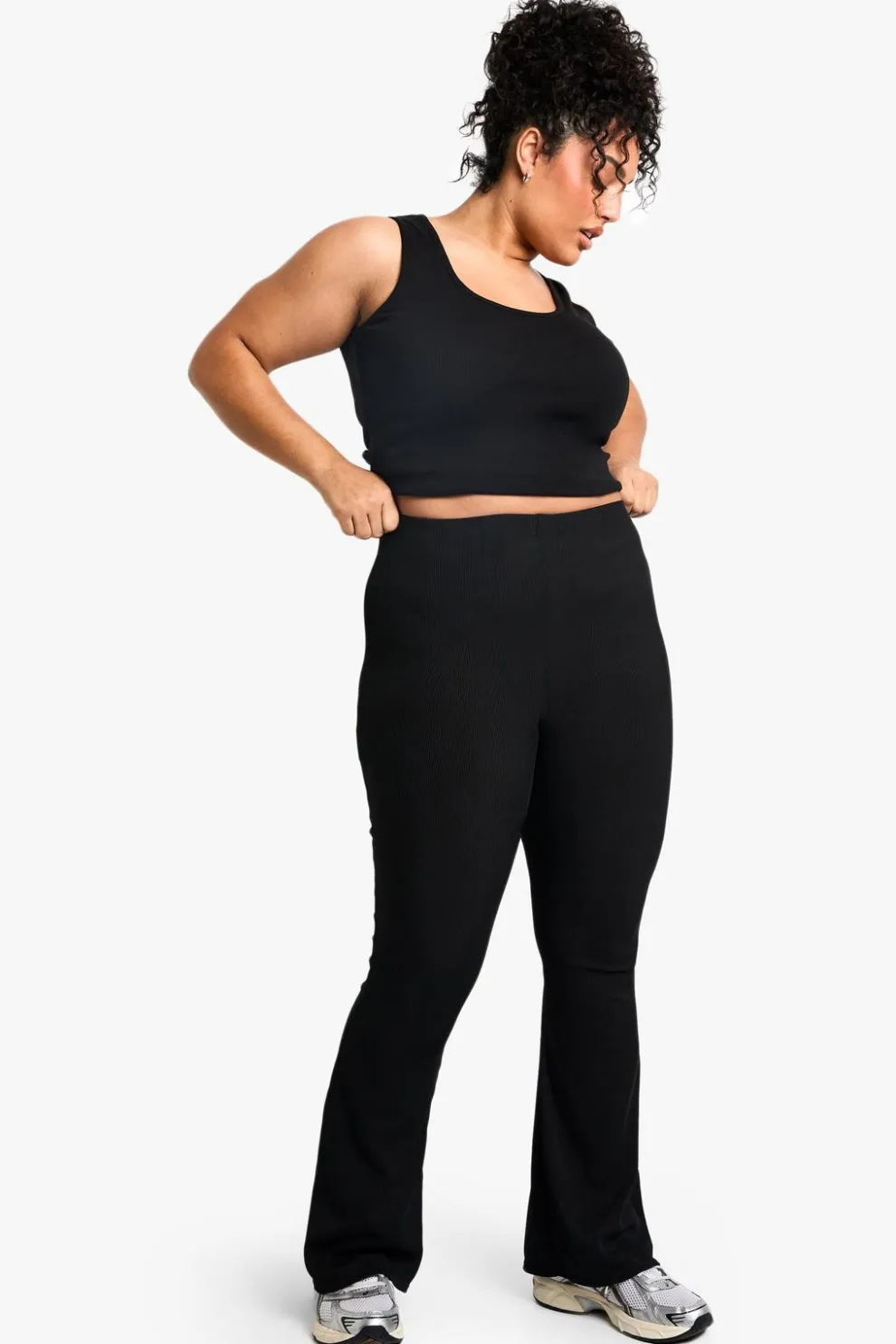 Boohoo Basics Plus Ribbed High Waisted Flare Trousers | Nasty Gal