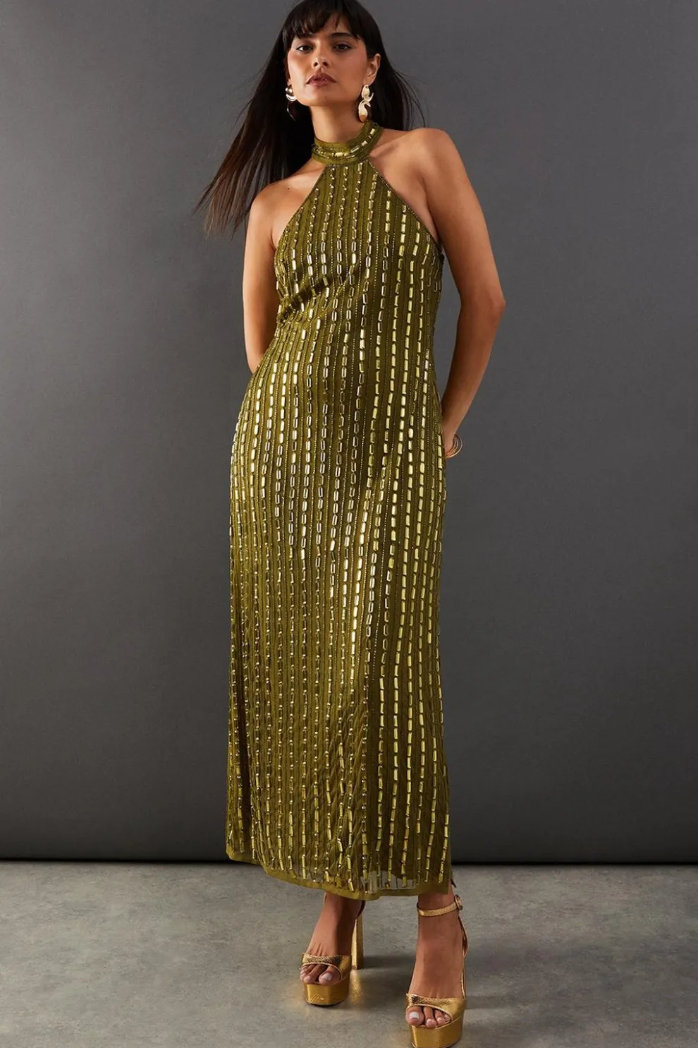 Premium Hand Embellished Sequin Mirror Bead Halter Midi Dress | Nasty Gal