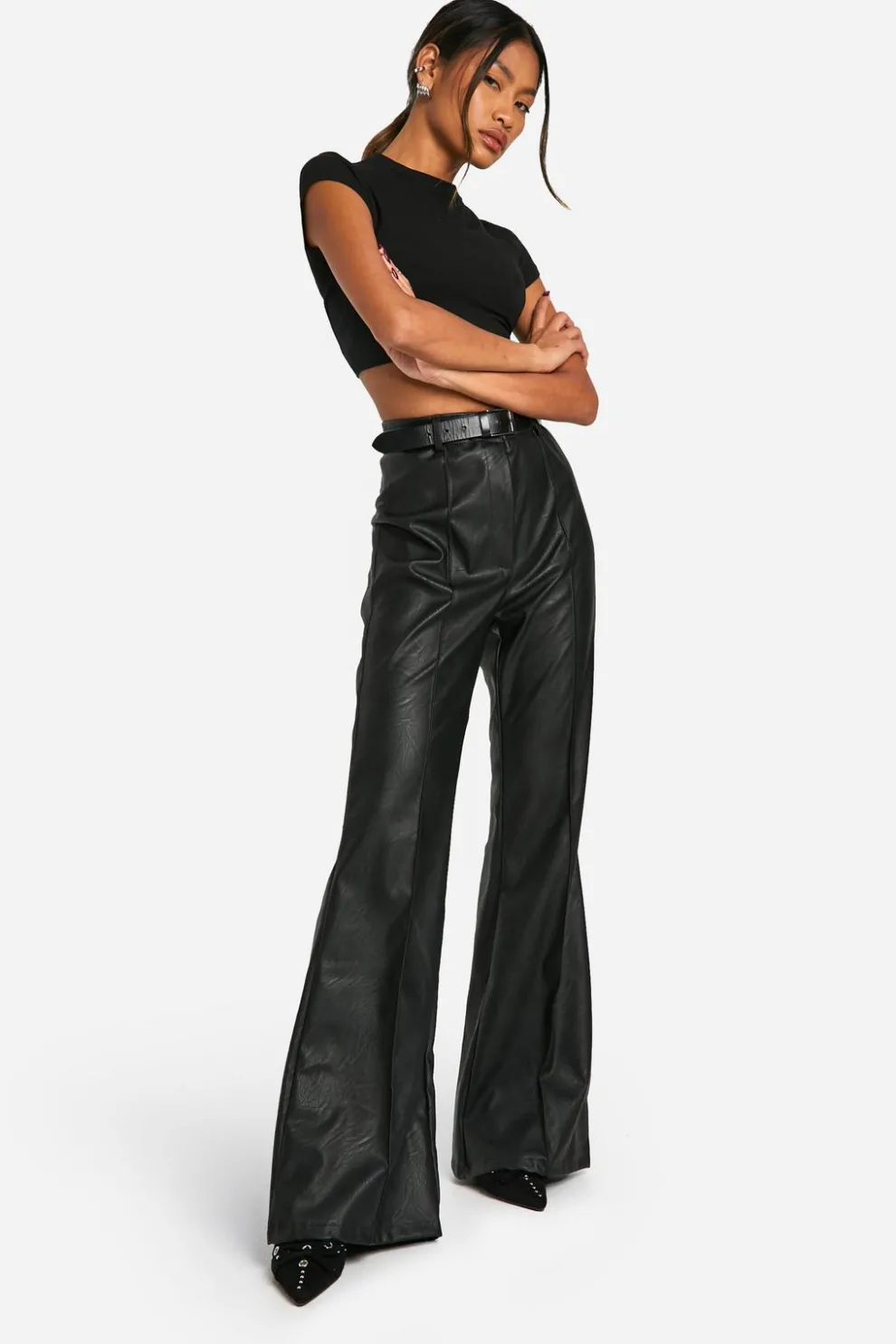 Leather Look High Waisted Seam Front Flared Trousers | Nasty Gal