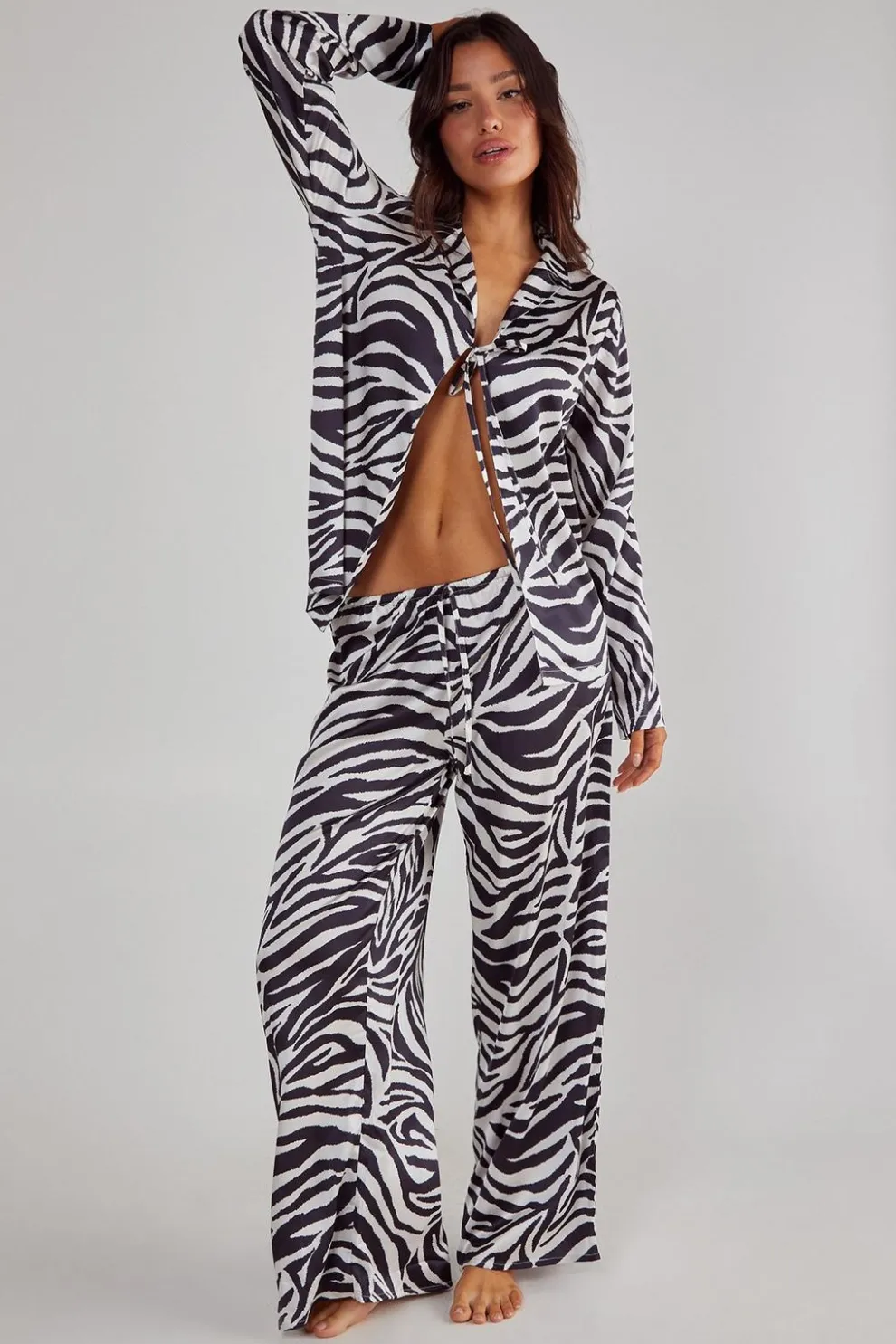 Satin Zebra Tie Front Shirt And Pants Pajama Set | Nasty Gal