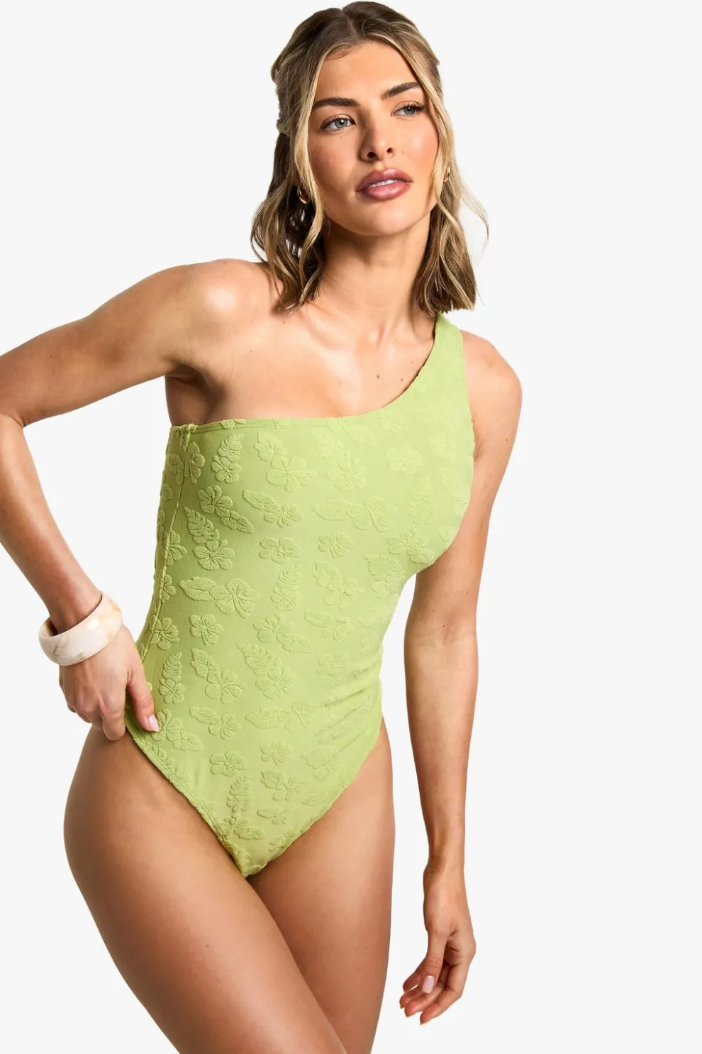 Hibiscus Flower Embossed One Shoulder Swimsuit | Nasty Gal
