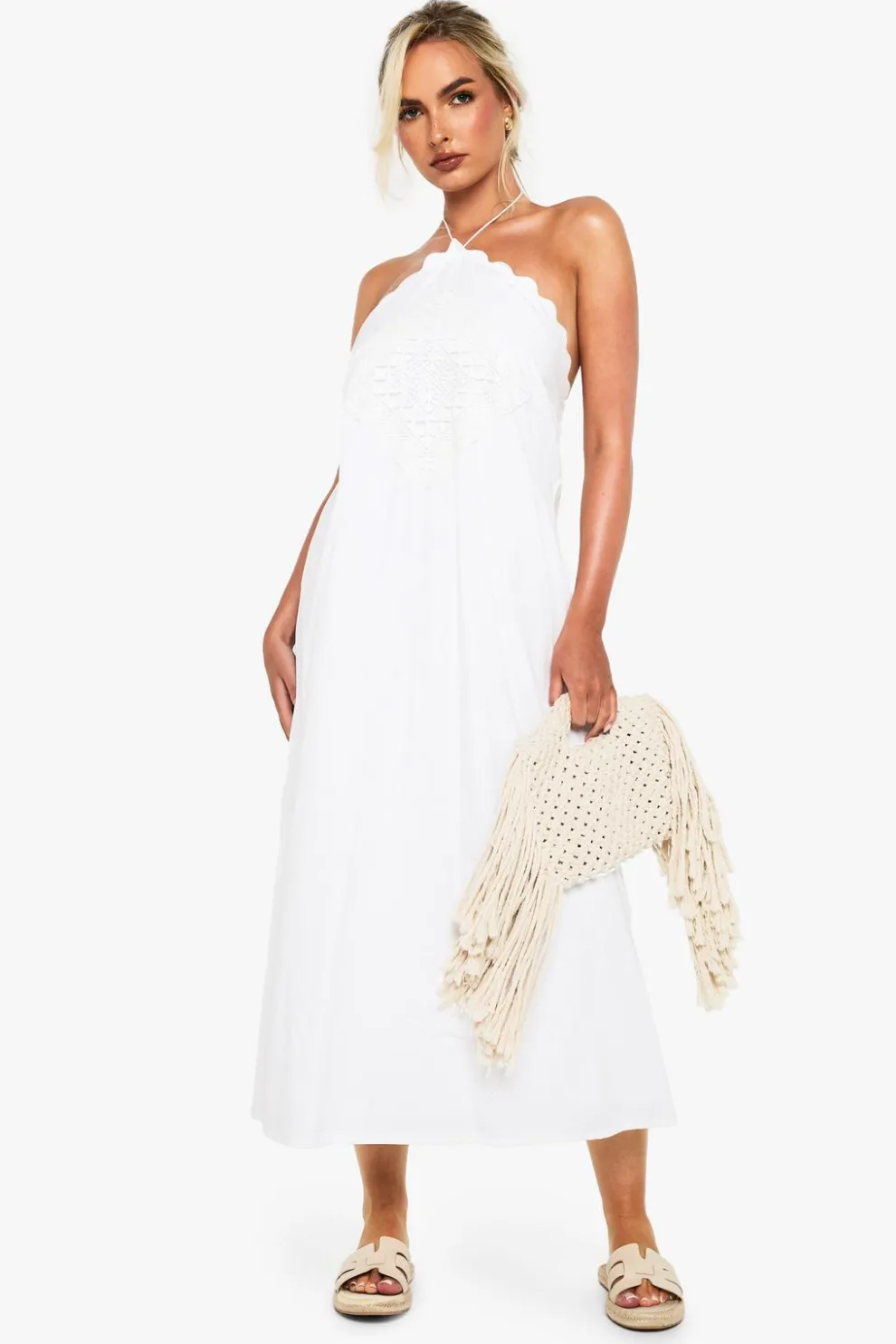 Cotton Crotchet Trim Halterneck Midaxi Dress | Nasty Gal