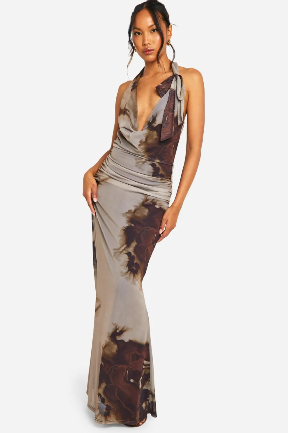 Cowl Neck Printed Mesh Tie Neck Maxi Dress | Nasty Gal
