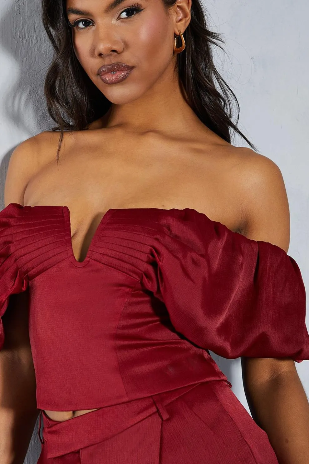 Textured Satin Pleated Bust Frill Bardot Top | Nasty Gal