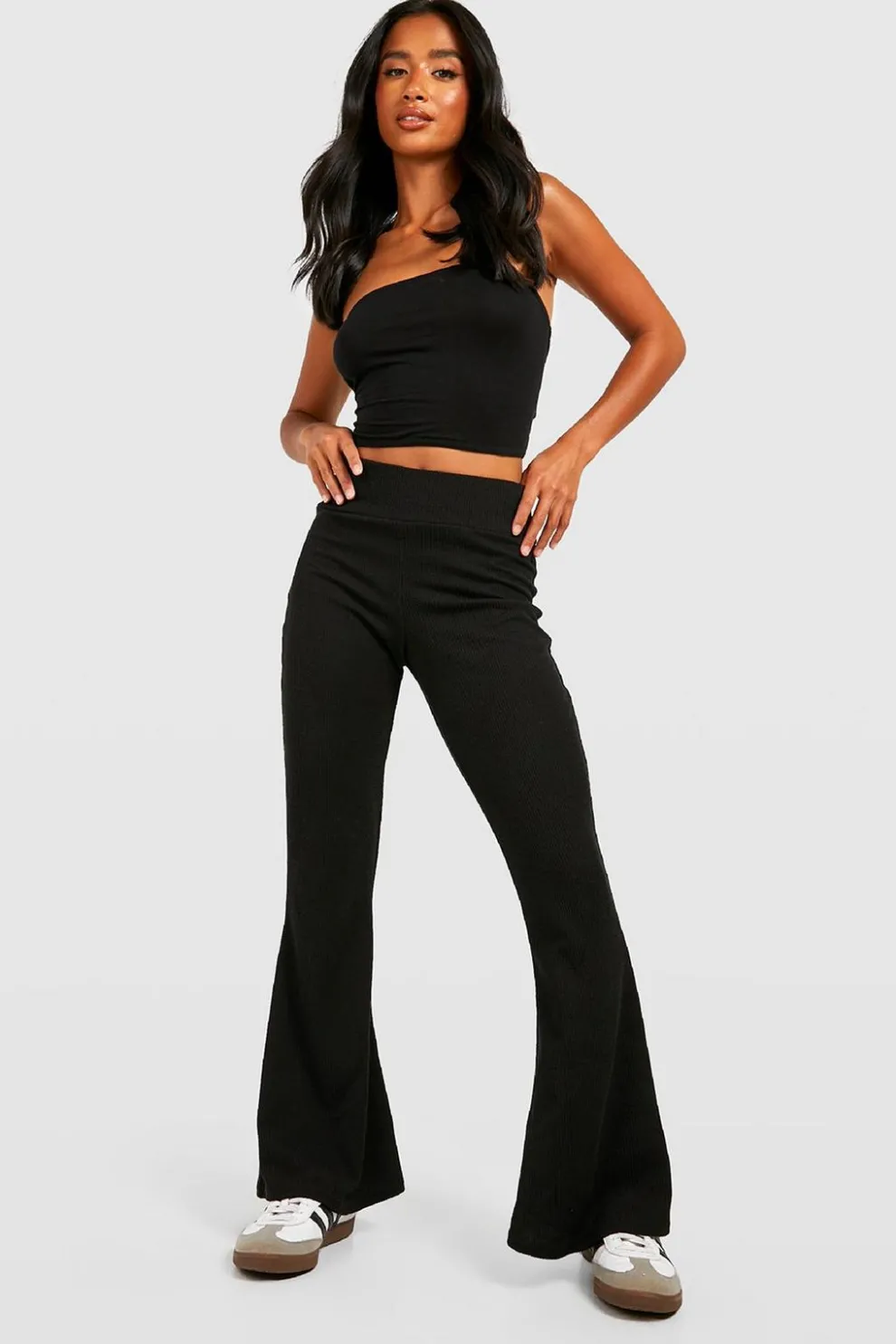 Petite Crinkle Rib Thick Waistband Flares | Nasty Gal