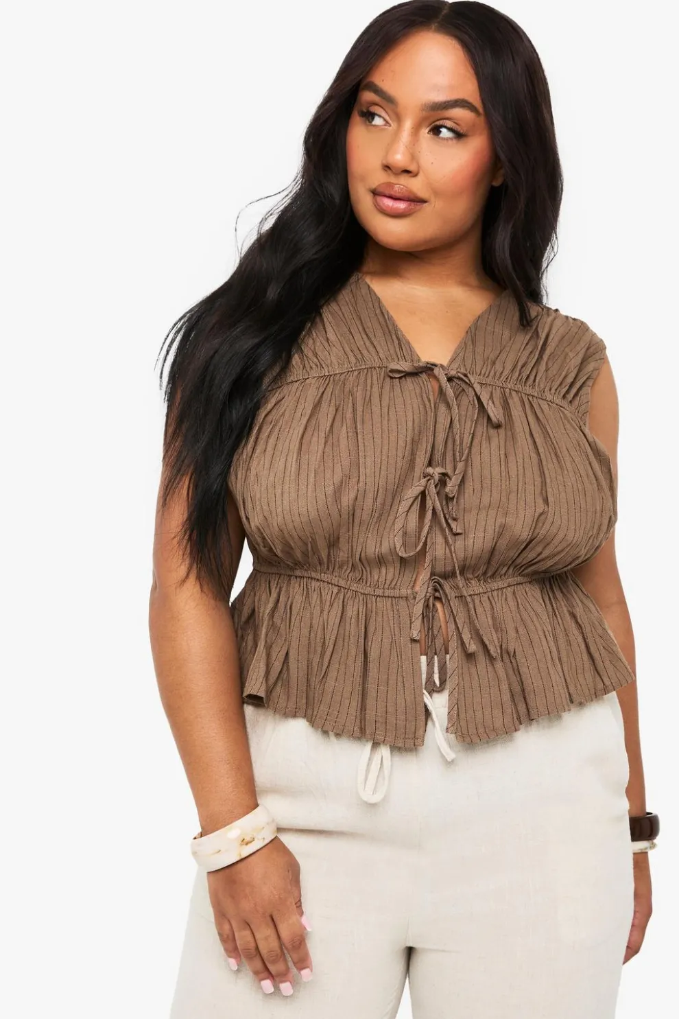 Plus Tie Front Peplum Linen Stripe | Nasty Gal
