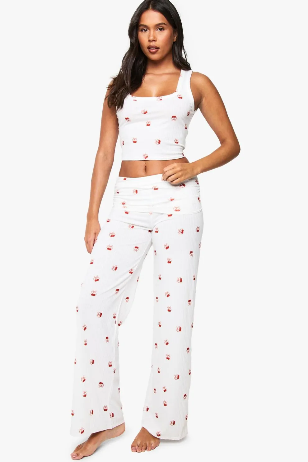 Cherry Print Soft Rib Vest Top & Trousers Pyjama Set | Nasty Gal