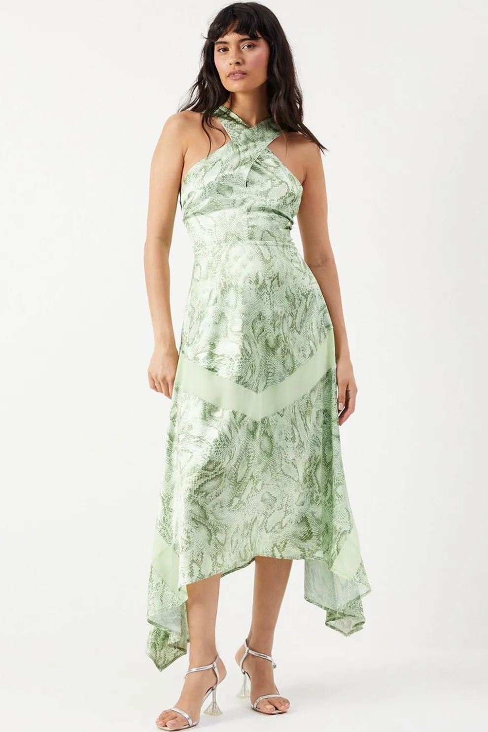 Snake Print Satin Cross Front Chiffon Insert Hanky Hem Midi Dress | Nasty Gal