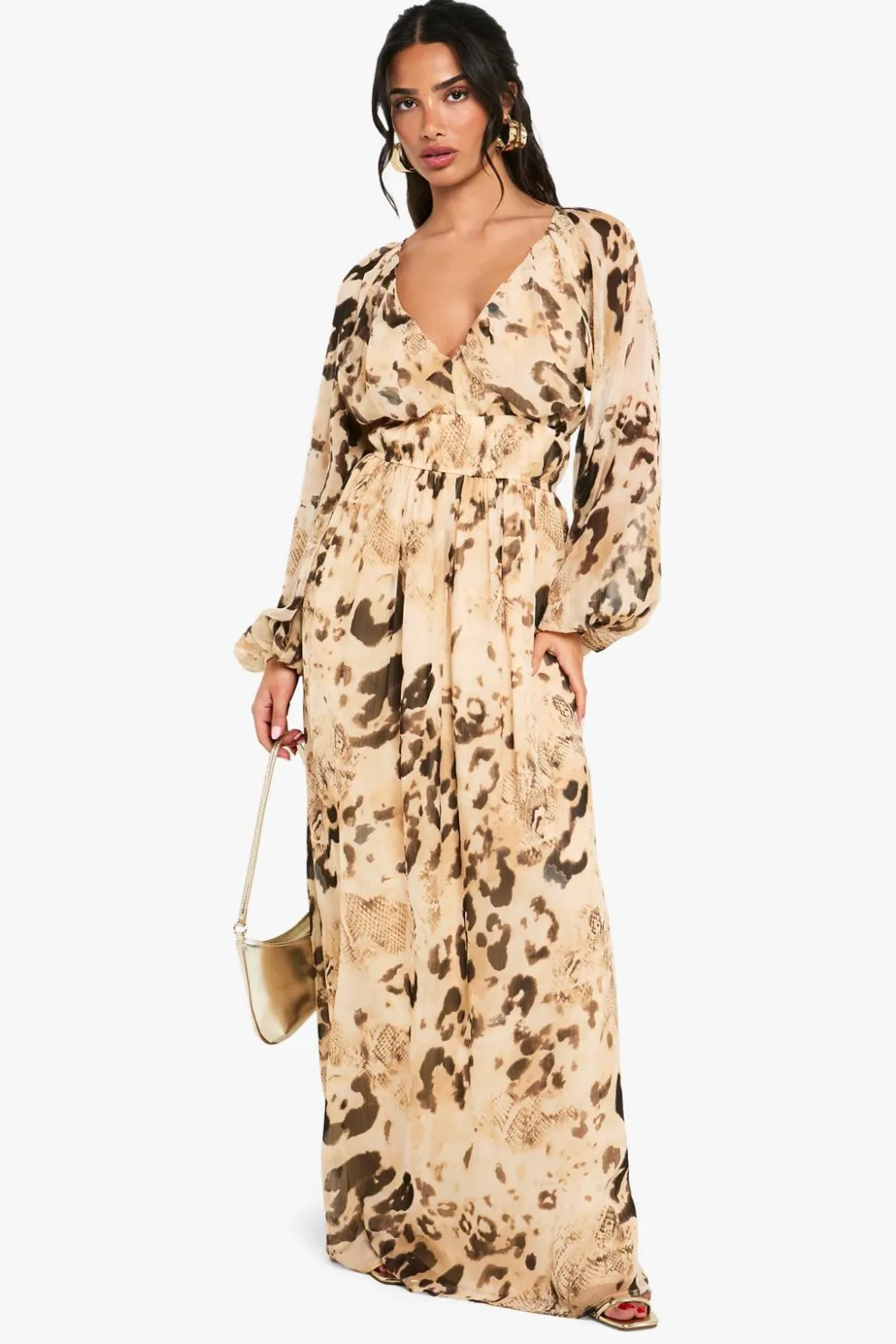 Petite Animal Printed Chiffon Volume Sleeve Ruched Waist Maxi Dress | Nasty Gal