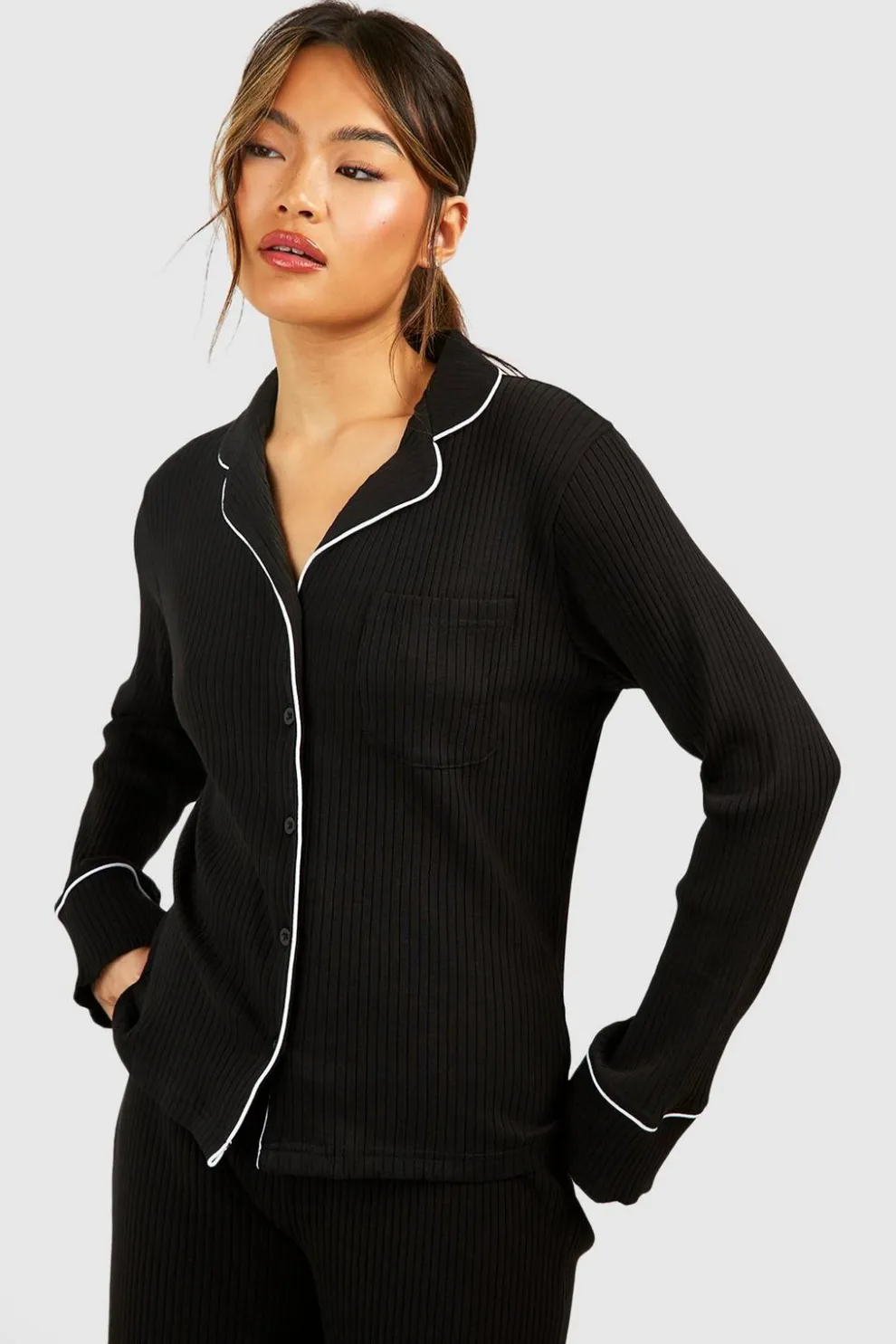 Loungewear Rib Long Sleeve Button Front Shirt | Nasty Gal