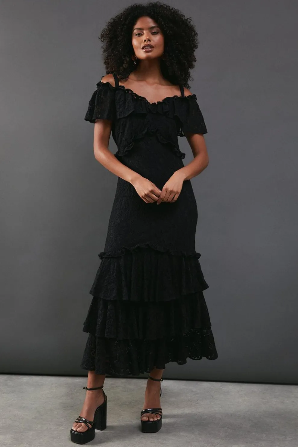 Corded Lace Ruffle Fallen Shoulder Midi Dress | Nasty Gal