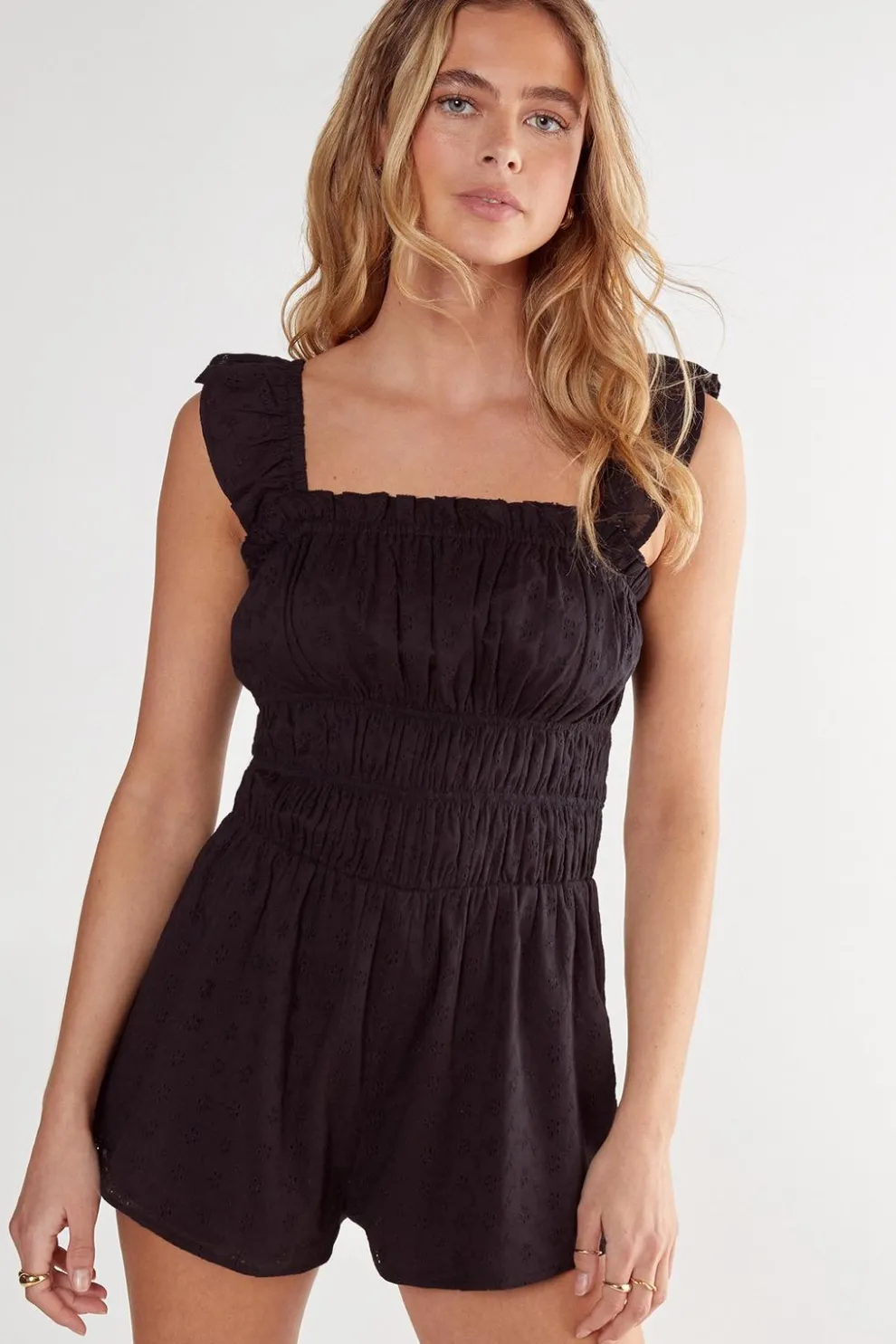 Broderie Ruched Ruffle Romper | Nasty Gal