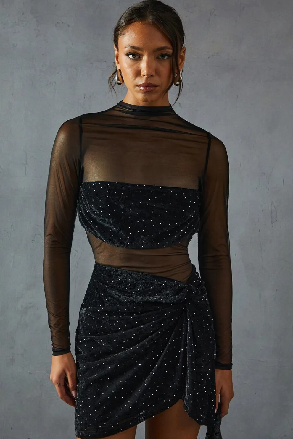 Hotfix Velvet Insert Mesh Long Sleeve MiniDress | Nasty Gal