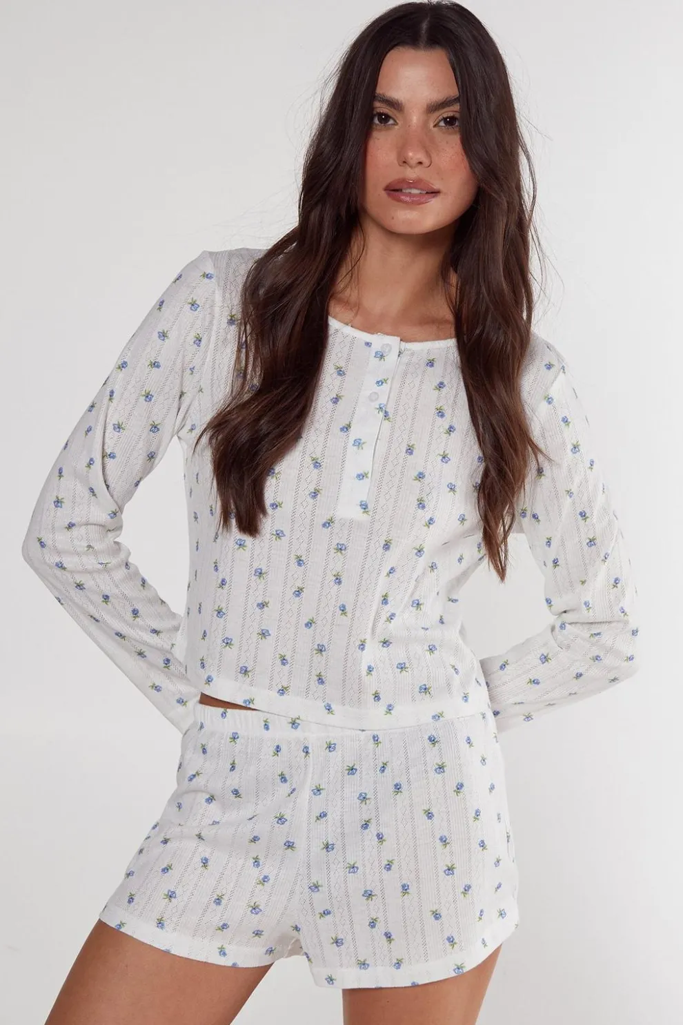 Pointelle Ditsy Floral Long Sleeve Top and Short Pajama Set | Nasty Gal