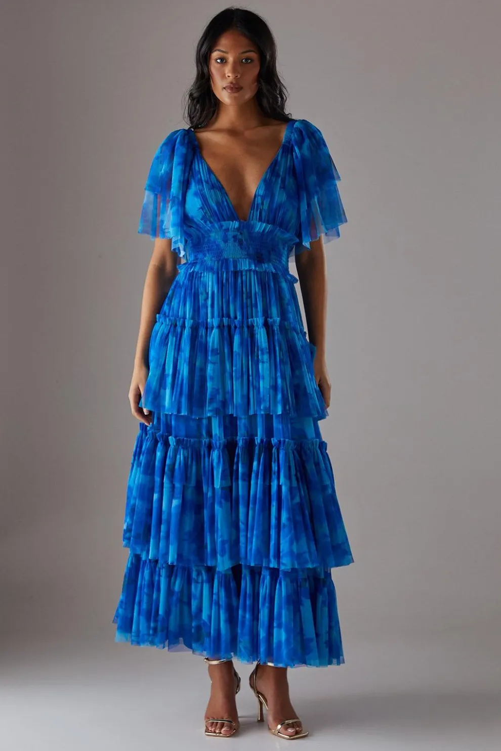 Tulle Floral Plunge Neck Flutter Sleeve Tier Maxi Dress | Nasty Gal