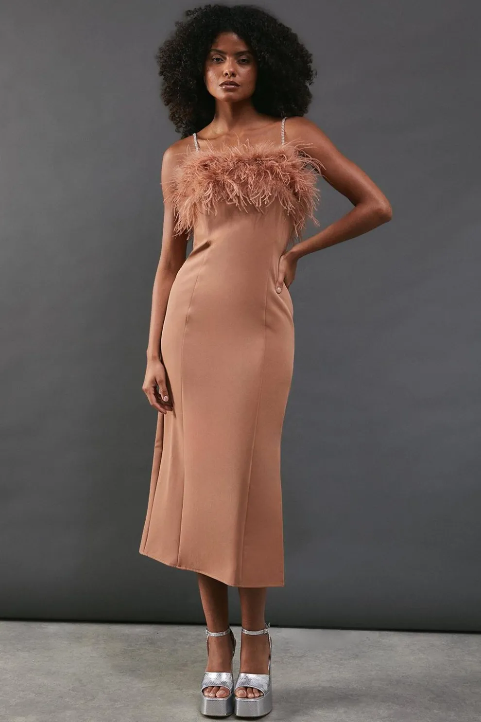 Feather Detail Diamante Strap Bandeau Midi Dress | Nasty Gal