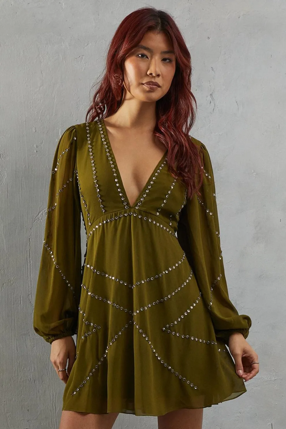 Premium Chiffon Embellished Sequin Plunge Neck Mini Dress | Nasty Gal