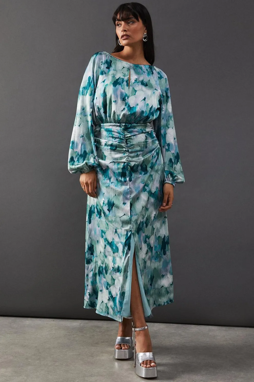 Print Satin Ruched Front Midi Dress | Nasty Gal