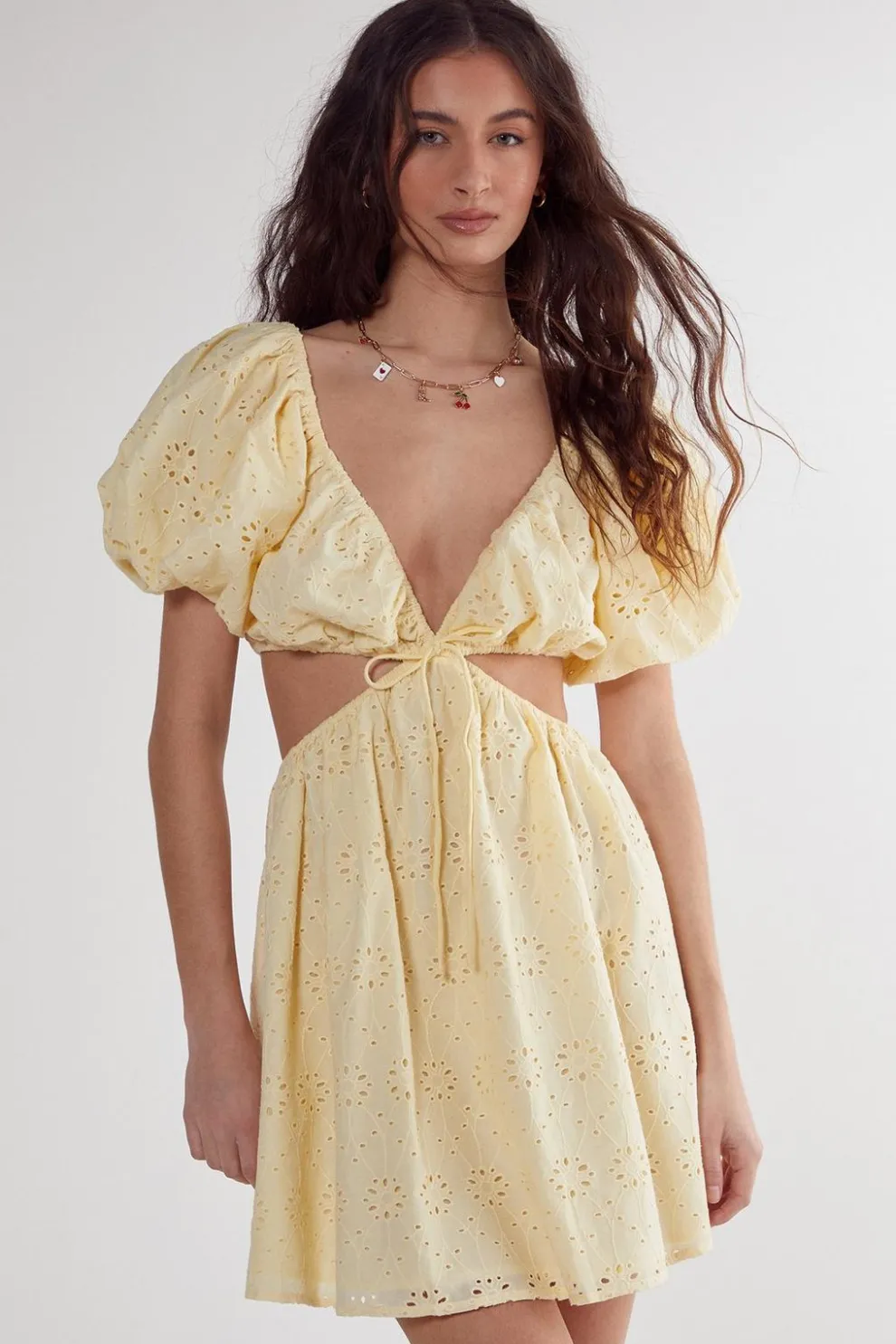 Broderie Cut Out Tie Front Puff Sleeve Skater Dress | Nasty Gal