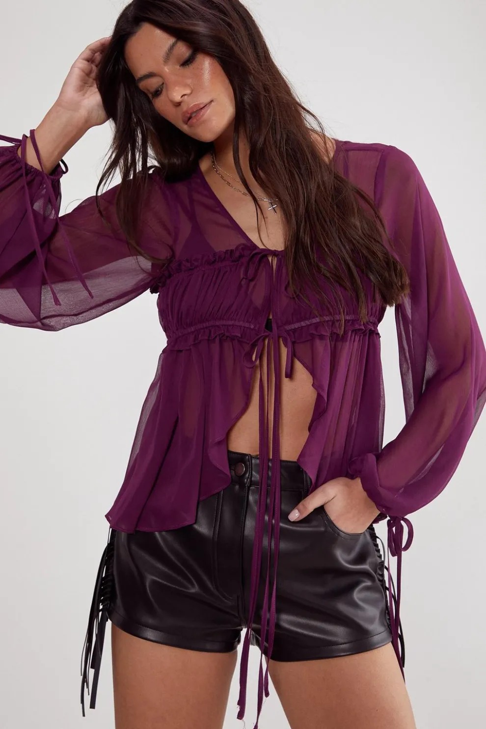 Chiffon Ruched Tie Front Balloon Sleeve Top | Nasty Gal
