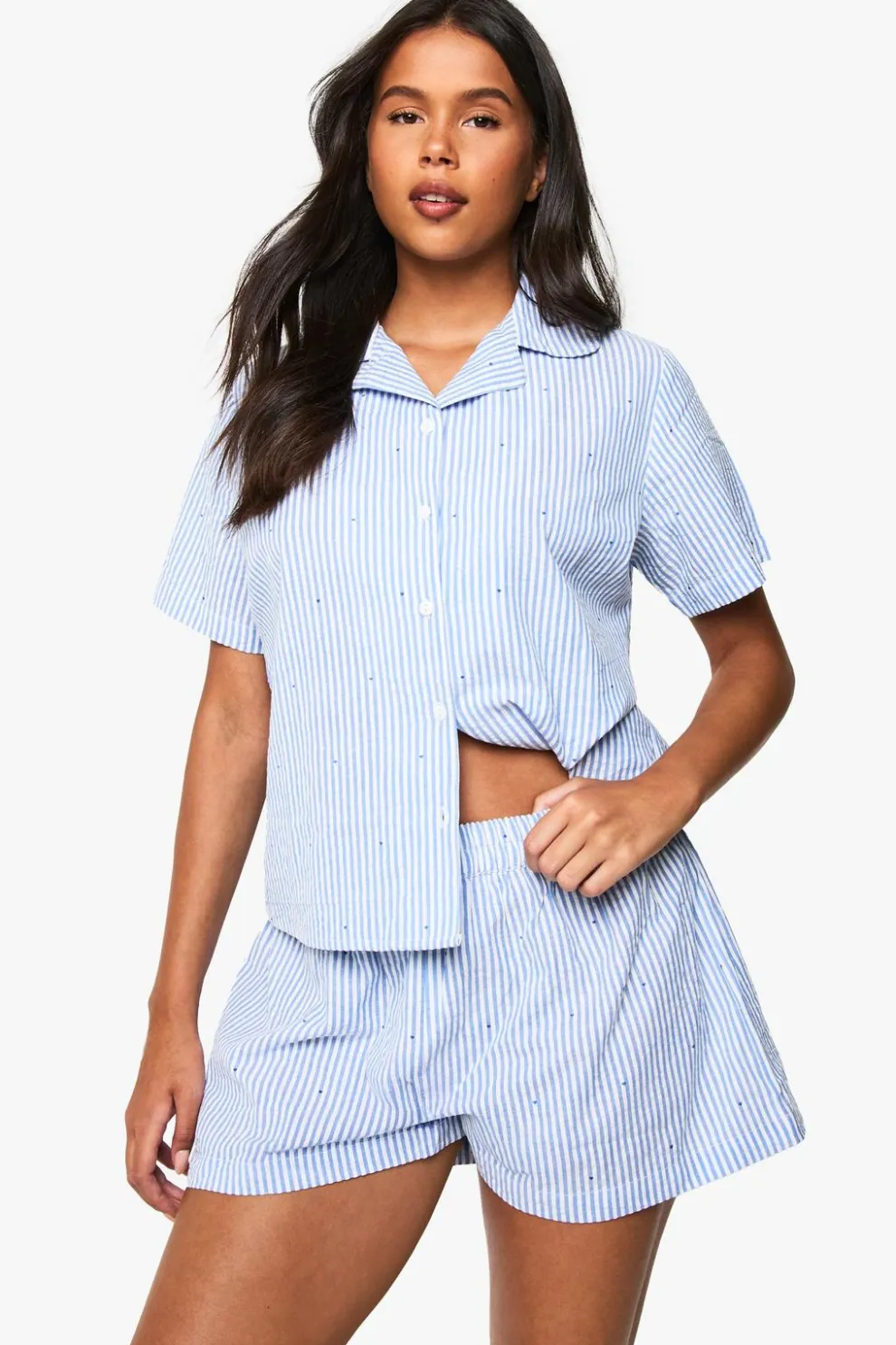 Seersucker Stripe Heart Print Short Sleeve Shirt & Shorts Pyjama Set | Nasty Gal