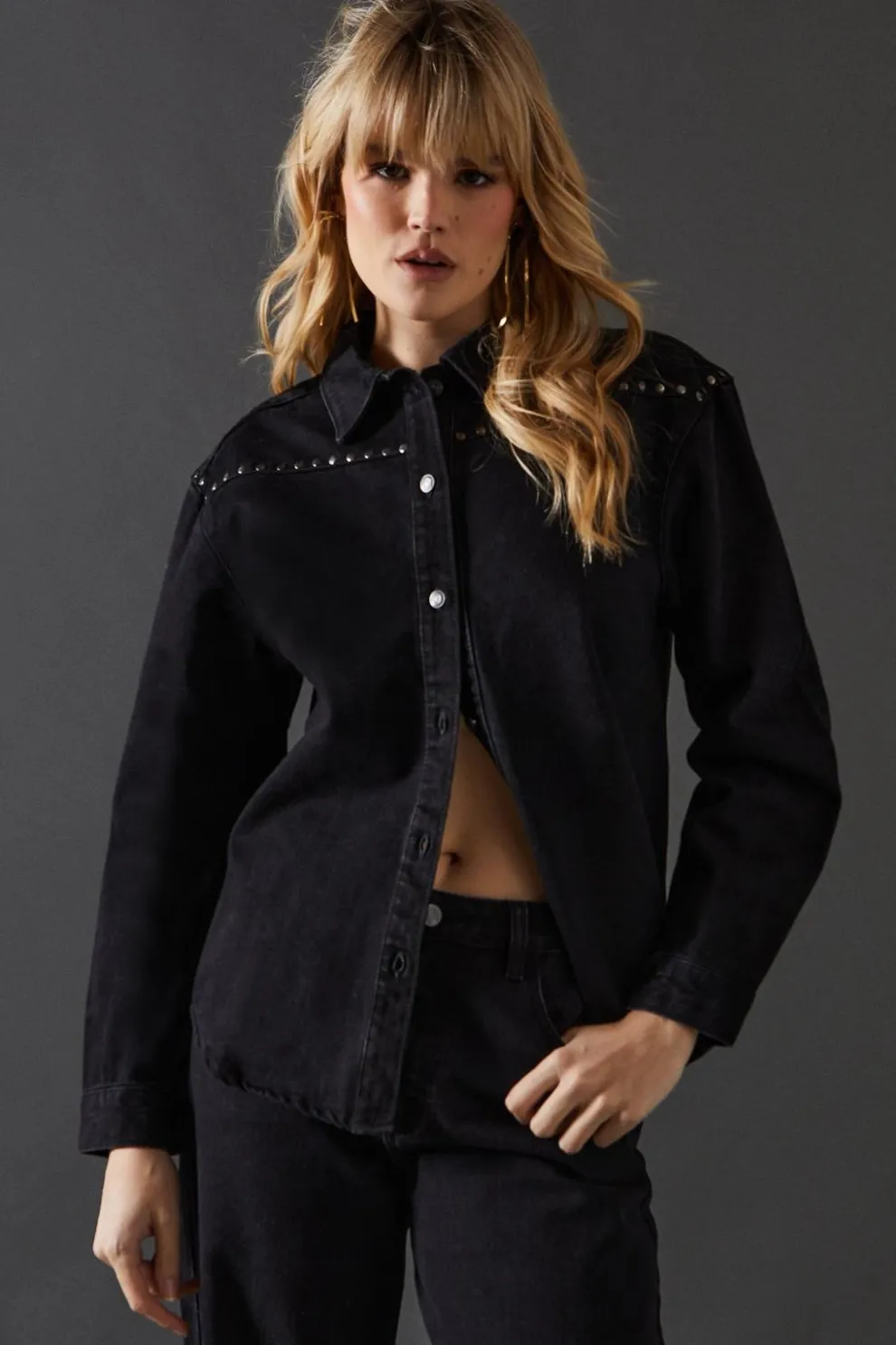 Denim Stud Yoke Oversized Shirt | Nasty Gal