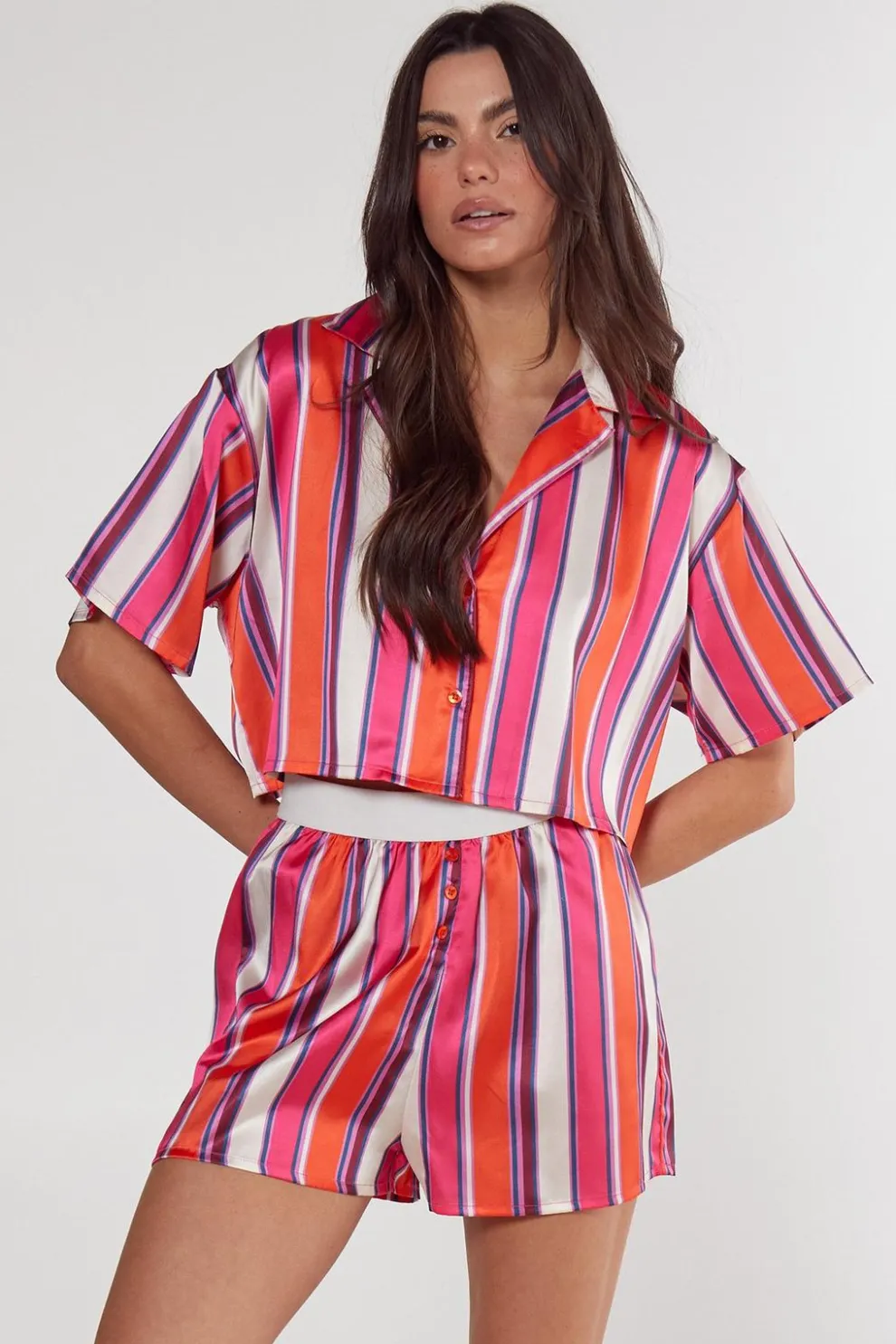 Satin Multi Stripe Cropped Shirt And Shorts Pajama Set | Nasty Gal