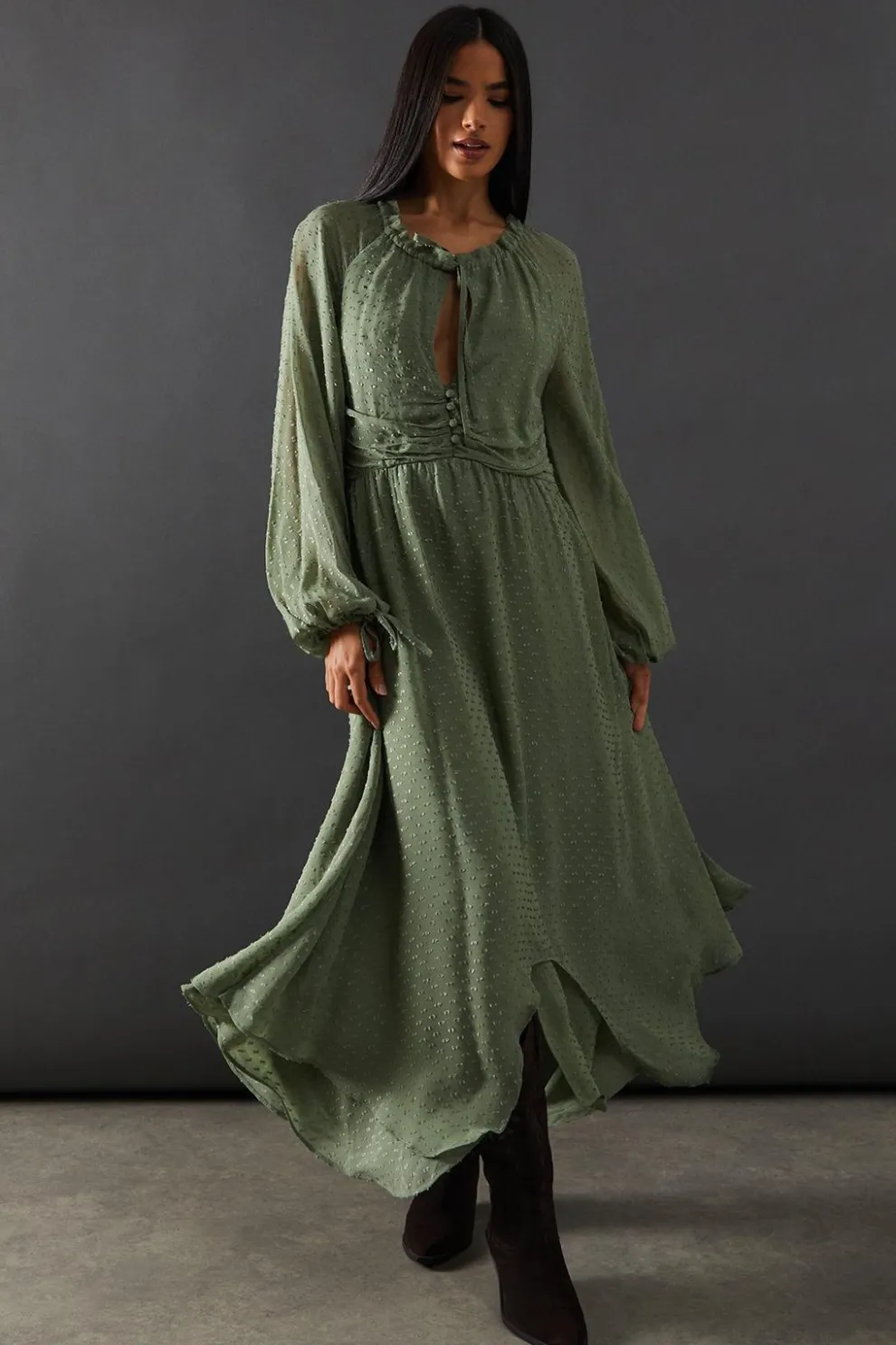 Tufted Dobby Chiffon Button Front Tie Neck Hanky Hem Midi | Nasty Gal